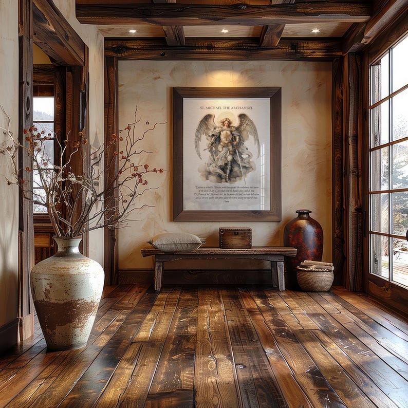 May include: A rustic interior with a framed print of St. Michael the Archangel above a wooden bench. A large vase with branches and berries sits near a doorway. The room features a wooden floor and ceiling beams, creating a warm, inviting atmosphere.