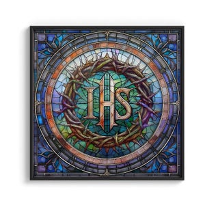 Jesus Christ Symbol &quot;IHS&quot; Stained Glass Print: Crown of Thorns, Religious Wall Art P72