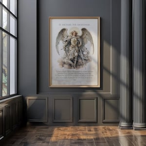 May include: A framed print of St. Michael the Archangel, depicted in a detailed watercolor style. The artwork features the archangel with large wings, holding a sword, and standing on clouds. The print includes text at the bottom and is set in a gold frame.
