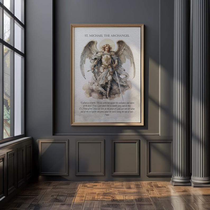 May include: A framed print of St. Michael the Archangel, depicted in a detailed watercolor style. The artwork features the archangel with large wings, holding a sword, and standing on clouds. The print includes text at the bottom and is set in a gold frame.