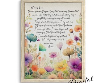 Oración a la Virgen María, lámina floral católica en acuarela (descarga digital) P82
