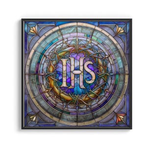 Jesus Christ Symbol &quot;IHS&quot; Stained Glass Print: Crown of Thorns, Religious Wall Art P69