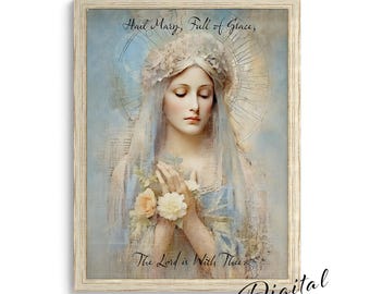 Hail Mary Floral Print, Rosary Prayer, Catholic Wall Art (Digital Download) P35