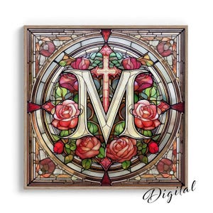 Red Floral Marian Symbol Stained Glass Digital Art: Virgin Mary, Catholic Wall Art P68