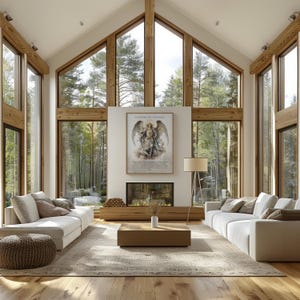 May include: A bright, airy living room with large windows offering a view of a forest. The room features white sofas, a wooden coffee table, a fireplace, and a framed artwork. The decor is modern and minimalist, with natural wood accents.