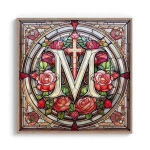 Red Floral Marian Symbol Stained Glass Print: Virgin Mary, Catholic Wall Art P68
