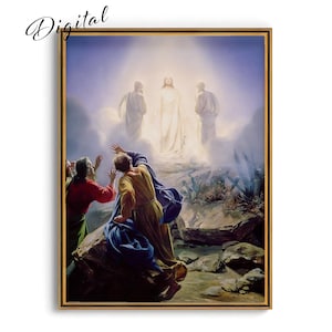Puede incluir: Pintura religiosa enmarcada que representa una figura central en luz blanca, flanqueada por tres figuras en las nubes. Debajo, figuras con túnicas reaccionan con asombro. La palabra "Digital" está en la esquina superior izquierda.