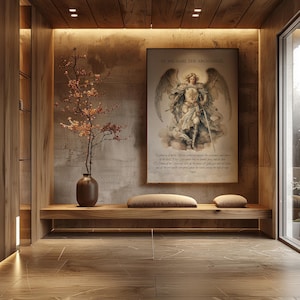 May include: A wooden bench with two small, round, tan cushions sits below a framed print of St. Michael the Archangel. A brown vase holds a branch with orange berries. The room has wood paneling and flooring.