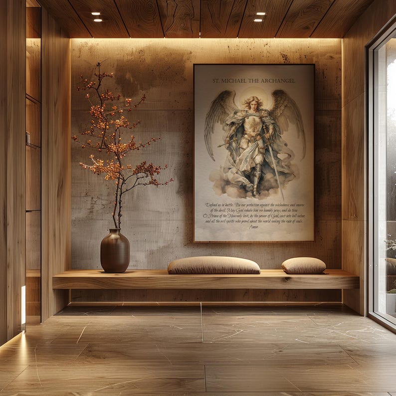 May include: A wooden bench with two small, round, tan cushions sits below a framed print of St. Michael the Archangel. A brown vase holds a branch with orange berries. The room has wood paneling and flooring.