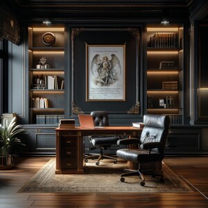 May include: An elegant home office with dark wood furniture and a framed artwork. The room features a large desk, leather chairs, and built-in bookshelves filled with books. A laptop sits on the desk, and the room is lit with warm lighting.