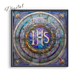 IHS Stained Glass Print: Jesus Christ Symbol, Crown of Thorns (Digital Download) P69