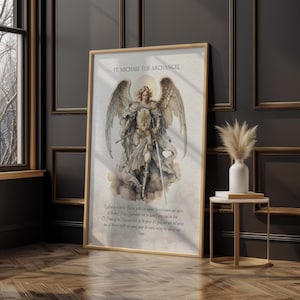 May include: A framed print featuring St. Michael the Archangel, depicted in detailed illustration. The artwork showcases the archangel in armor, holding a sword, with wings spread. The print includes text at the top and bottom, set in a gold-toned frame.