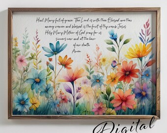 Hail Mary Floral Watercolor Print, Catholic Wall Art, Rosary (Digital Download) P81