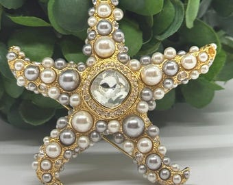 Vintage KJL Kenneth Jay Lane Starfish Brooch: Gold Tone, Pearl