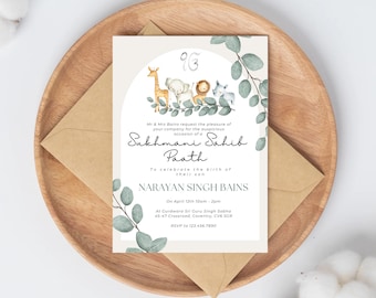 Digital Sukhmani Sahib Paath Invitation | Birth of Son | Modern Green Jungle Safari Theme | Canva Editable | Sikh | Boy's 1st Birthday