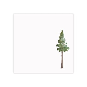 May include: Watercolor illustration of a green pine tree with a brown trunk on a white background. The tree is detailed with shades of green and brown, creating a natural and artistic aesthetic. The image is a simple, yet elegant depiction of nature.
