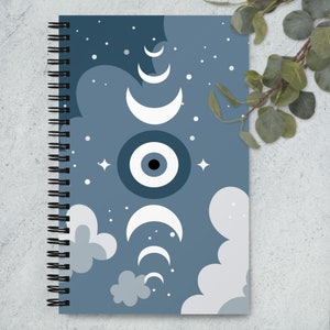 Evil Eye Moon Phase Blank Spiral Notebook, Jewitch Journal, Dot Ruled Blank Book