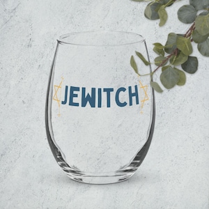 Jewitch Jewish Witch Stemless Wine Glass, Jewish Magic Wine Glass