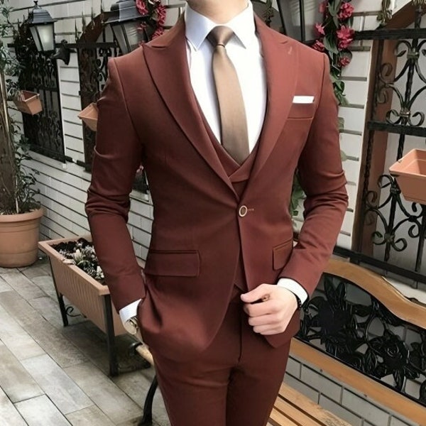 Men Three Piece Rust Colored Suit, Custom Made Wedding Suits, Bespoke Wedding Terracotta Suit, Burnt Orange Bespoke Wedding Suits For Men