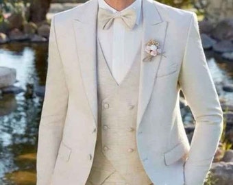 Stylish Men's Designer Three Piece Cream Men Suit for Wedding, Engagement, Anniversary, Prom, Wear And Grooms Men Suit Slim Fits, Party wear