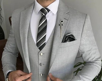 Men's Three Piece light Grey Mens Suit for Wedding, Bespoke Wedding Suit, Bespoke Wedding Suits For Men