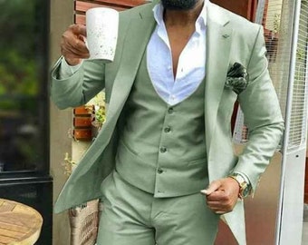 Herren Slim Fit Stilvoller dreiteiliger grüner Herrenanzug, salbeigrüner maßgefertigter Hochzeitsanzug, maßgeschneiderte Hochzeitsanzüge für Männer