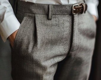 Men Vintage Wool Pants, Fall Winter Wool Pants  Unisex Office  Light Grey Herringbone Trouser | Wedding Weaves
