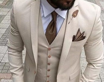 Men's Stylish Three Piece biege Colored Suit, Custom Made Biege Wedding Suits, Bespoke Wedding Suit, Bespoke Wedding Suits For Men