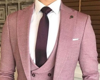 Men's Stylish Three Piece Mauve Mens Suit for Wedding, Pink Men Bespoke Wedding Suit, Bespoke Wedding Suits For Men