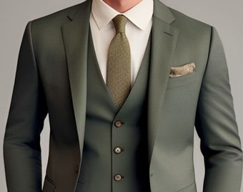 Men's Stylish Three Piece Green Mens Suit for Wedding, Olive Green Men Bespoke Wedding Suit, Bespoke Wedding Suits For Men