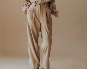 Élégance sur mesure : pantalon beige taille haute pour femmes, taille haute, longueur cheville, Wedding Weaves