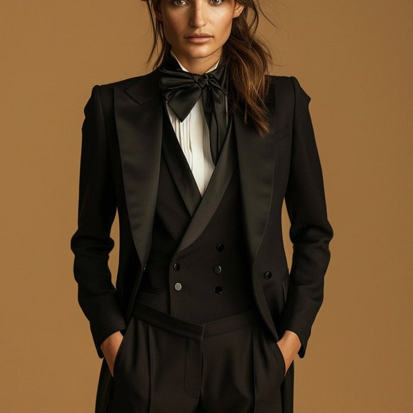 Black Three Piece Tuxedo suit for women, Women Wedding Suit Set , Women formal wear, Three Piece Double Breasted suit | Wedding Weaves