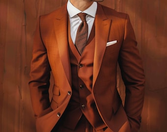 Men Three Piece Rust Colored Suit, Custom Made Wedding Suits, Bespoke Wedding Terracotta Suit, Burnt Orange Bespoke Wedding Suits For Men