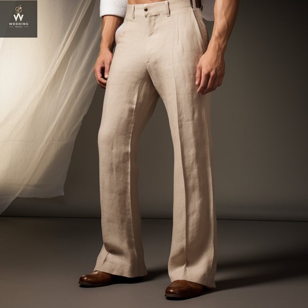 Biege Men's Cotton Linen Flare Pants Male Autumn New Breathable Solid Color Linen Trousers  | Wedding Weaves