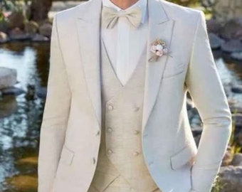 Stylish Men's Designer Three Piece Cream Men Suit for Wedding, Engagement, Anniversary, Prom, Wear And Grooms Men Suit Slim Fits, Party wear