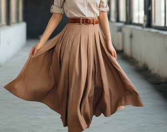 Brown Linen Skirt, Skirt with Pockets, Linen skirt for women, Below Knee skirt | Wedding Weaves | pleated skirts