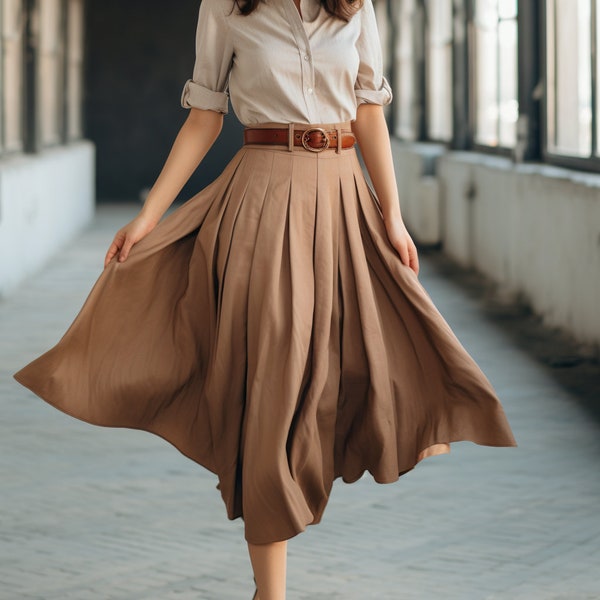 Brown Linen Skirt, Skirt with Pockets, Linen skirt for women, Below Knee skirt | Wedding Weaves | pleated skirts