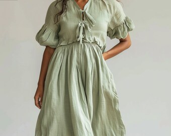 Women's Light Green Beautiful Linen Dress︱Handcrafted Dress For Prom, Wedding, Reception ︱Summer Destination Wedding Bridesmaid Dresses