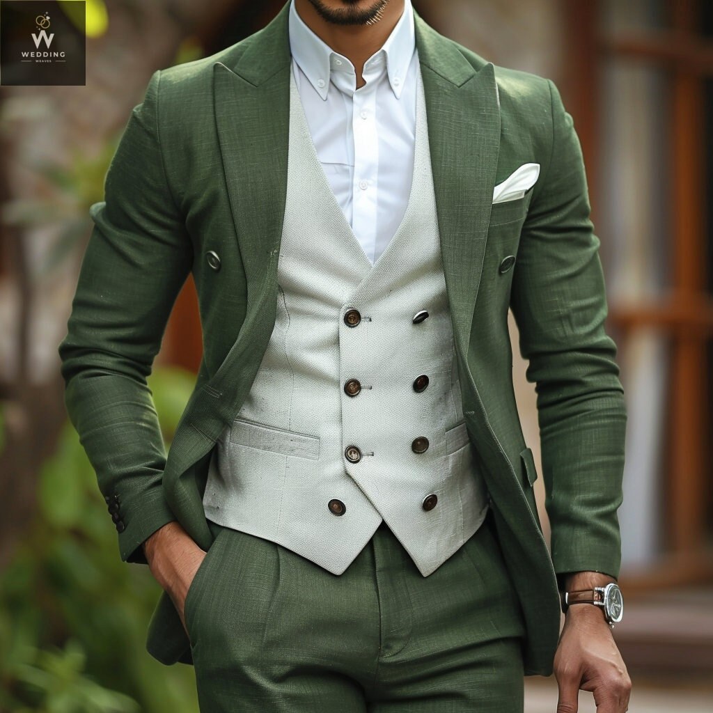 Three Piece Green Mens Suit for Wedding Green Men Bespoke Wedding Suit