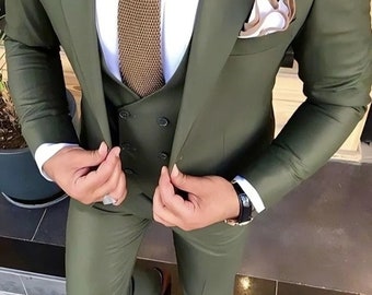 Traje de tres piezas de color verde para hombre, trajes de boda hechos a medida, traje de terracota de boda, chaleco de doble botonadura trajes de boda verde oliva para hombre