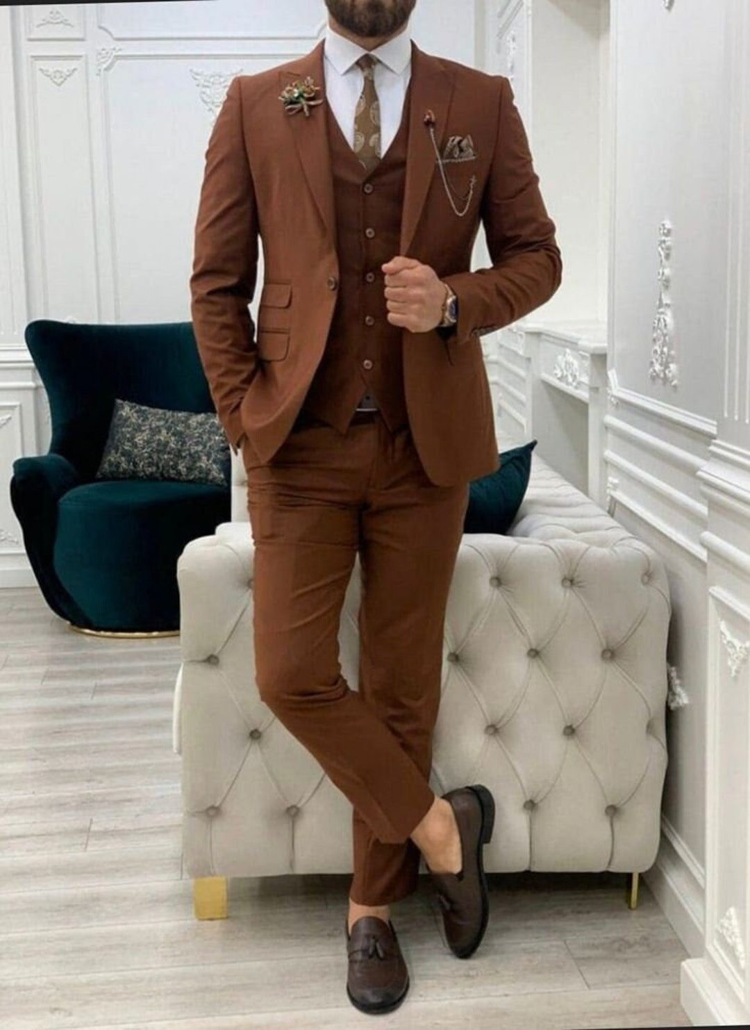 Men Three Piece Rust Colored Suit, Custom Made Rust Wedding Suits ...