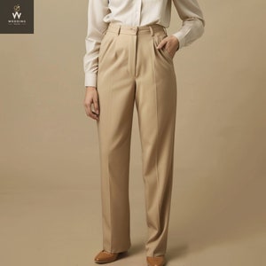 Women Custom Made Designer Biege Cotton wool Straight-Fit trouser   | Wedding Weaves