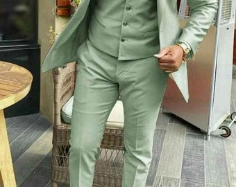 Men's Slim Fit Stylish Three Piece Green Mens Suit, Sage Green colored Bespoke Wedding Suit, Bespoke Wedding Suits For Men