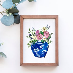 Ginger Jar with Delicate Spring Flowers Watercolor Art Print