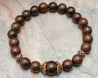 Sandalwood Bracelet with Aged Bronze Accents for Calming, Stability and Protection | 8mm