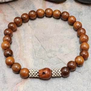 Unisex Sandalwood Bracelet with Wood Skull and Silver Beads for Calming, Relaxation and Grounding | 8mm