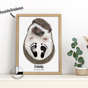 Baby Fußabdruck Set Personalisiert Abdruckset Tiere Kinder Rahmen Wandbild Zimmer Poster Geschenk Geburt Meilenstein Bild Holz Pfoten Igel