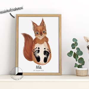 Baby Fußabdruck Set Personalisiert Abdruckset Tiere Kinder Rahmen Wandbild Zimmer Poster Geschenk Geburt Meilenstein Pfoten Eichhörnchen