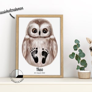 Baby Fußabdruck Set Personalisiert Abdruckset Tiere Kinder Rahmen Wandbild Zimmer Poster Geschenk Geburt Meilenstein Wald Pfoten Eule Vogel