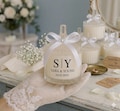 Personalized Soy Wax Wedding Favor Candle \u2013 Emerald Green Ribbon product logo